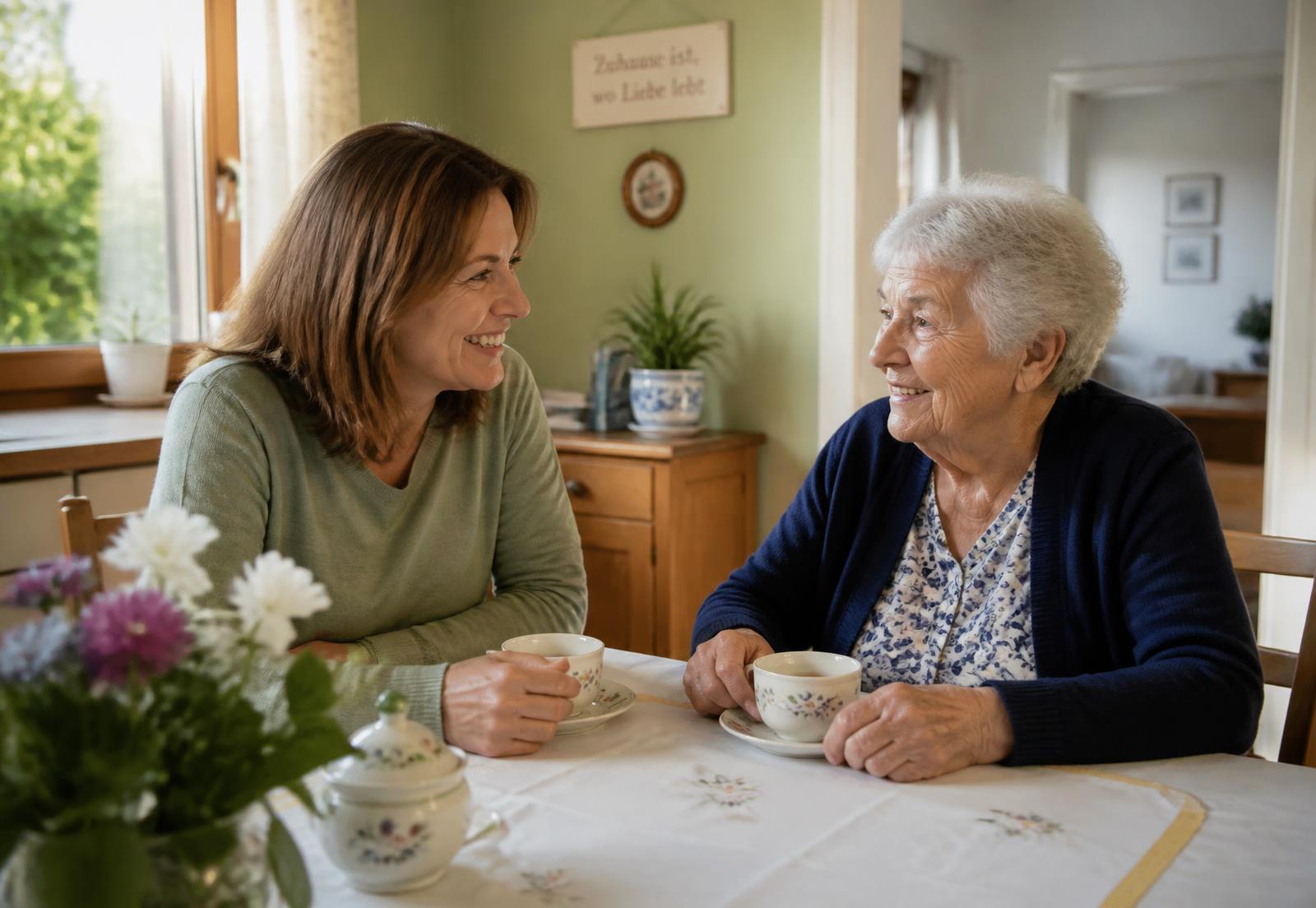 Alltagshilfe und Seniorin sitzen gemeinsam bei einer Tasse Kaffee am Küchentisch
